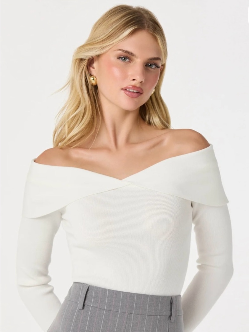 Astr Off-the-Shoulder Fold-Over Sweater Top in White